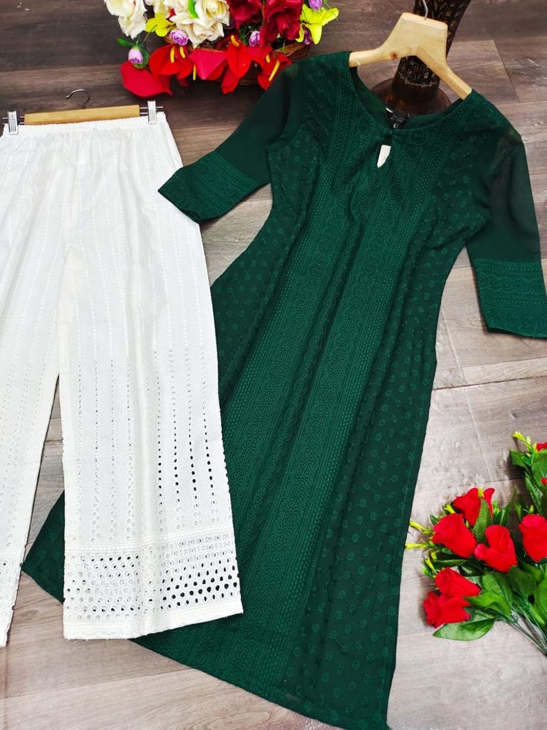 Hermoso Lucknowi Georgette hecho a mano Chikankari Fancy Allover estilo de trabajo Kurta/Kurti para mujeres, Chikankari Kurta/Kurti con pantalón de algodón Dark Green