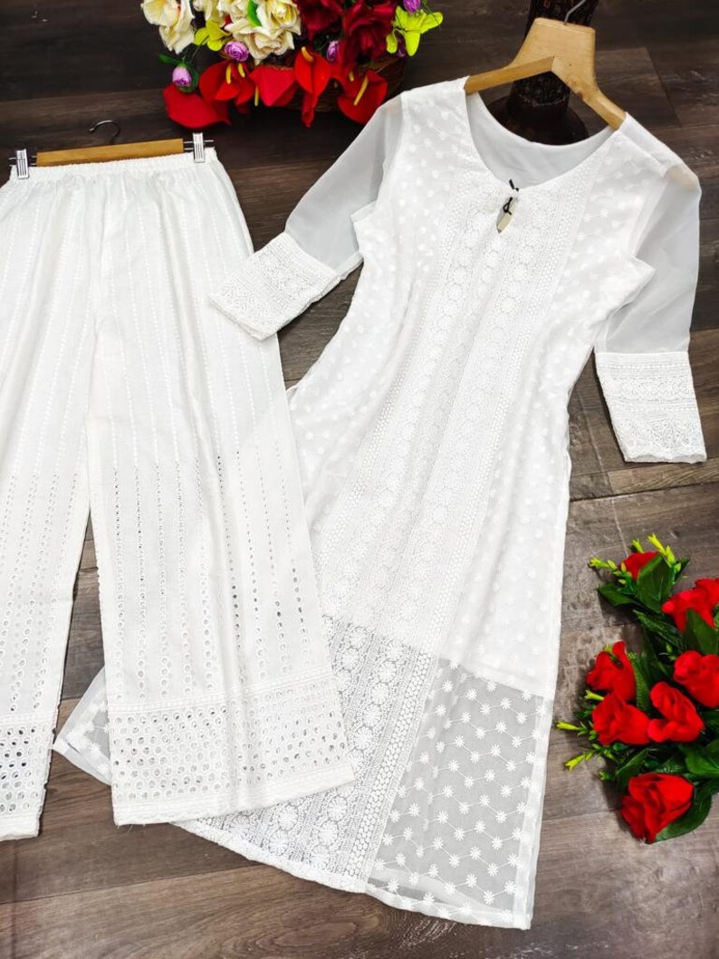 Schöne Lucknowi Georgette handgefertigte Chikankari Fancy Allover Arbeit Stil Kurta / Kurti für Frauen, Chikankari Kurta / Kurti mit Baumwollhose Bild 8