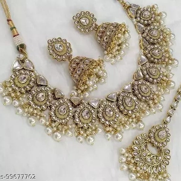 Heavy Indian Choker Necklace Earrings Maang Tikka Piece Jewelry Bridesmaid Indian Style Jewellery Bridal Wedding Fashion Handmade Set