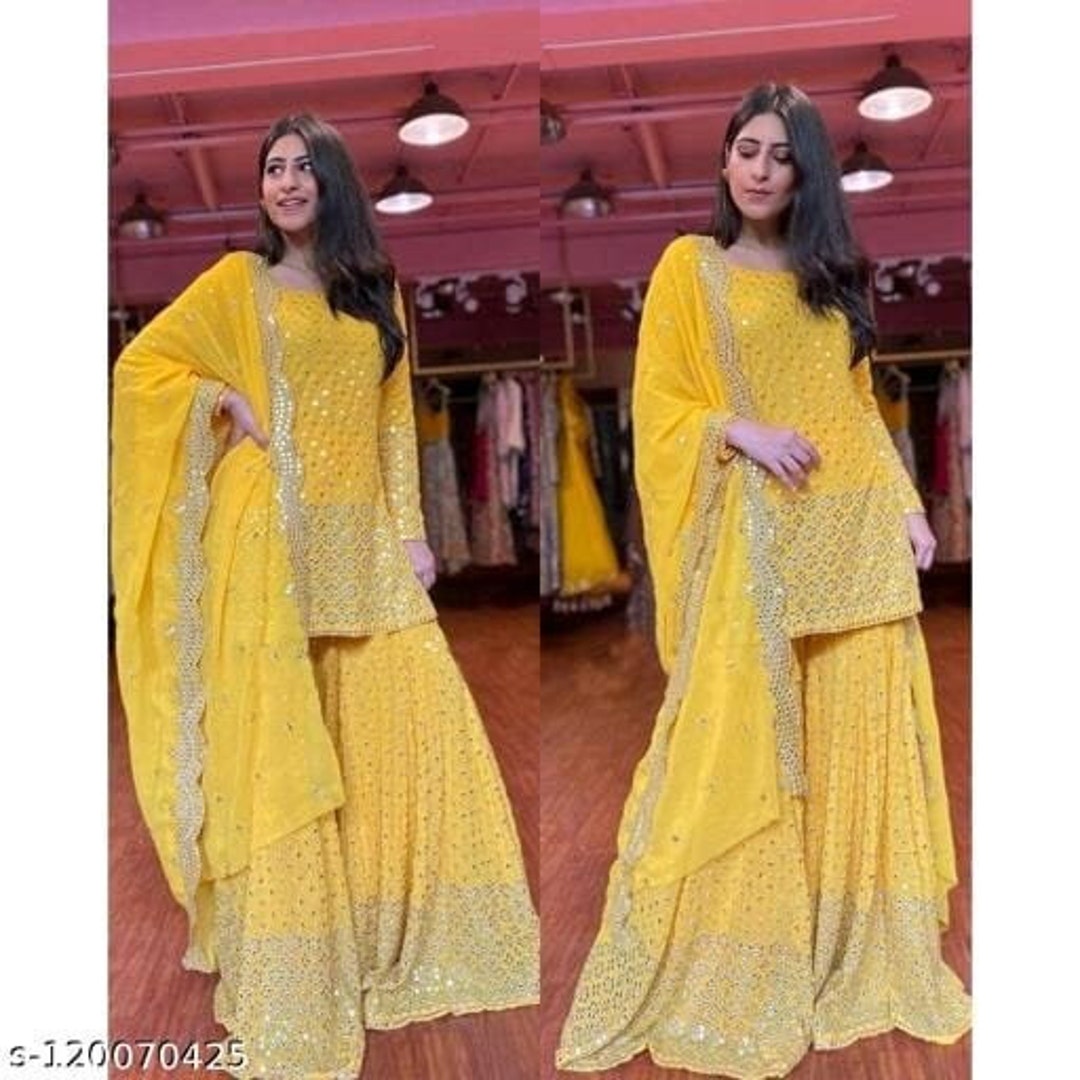 Bollywood Inspired Long Georgette Kurta With Mirror Work, Sharara and ...