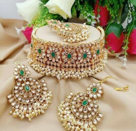 Indian Choker Necklace Earrings Maang 