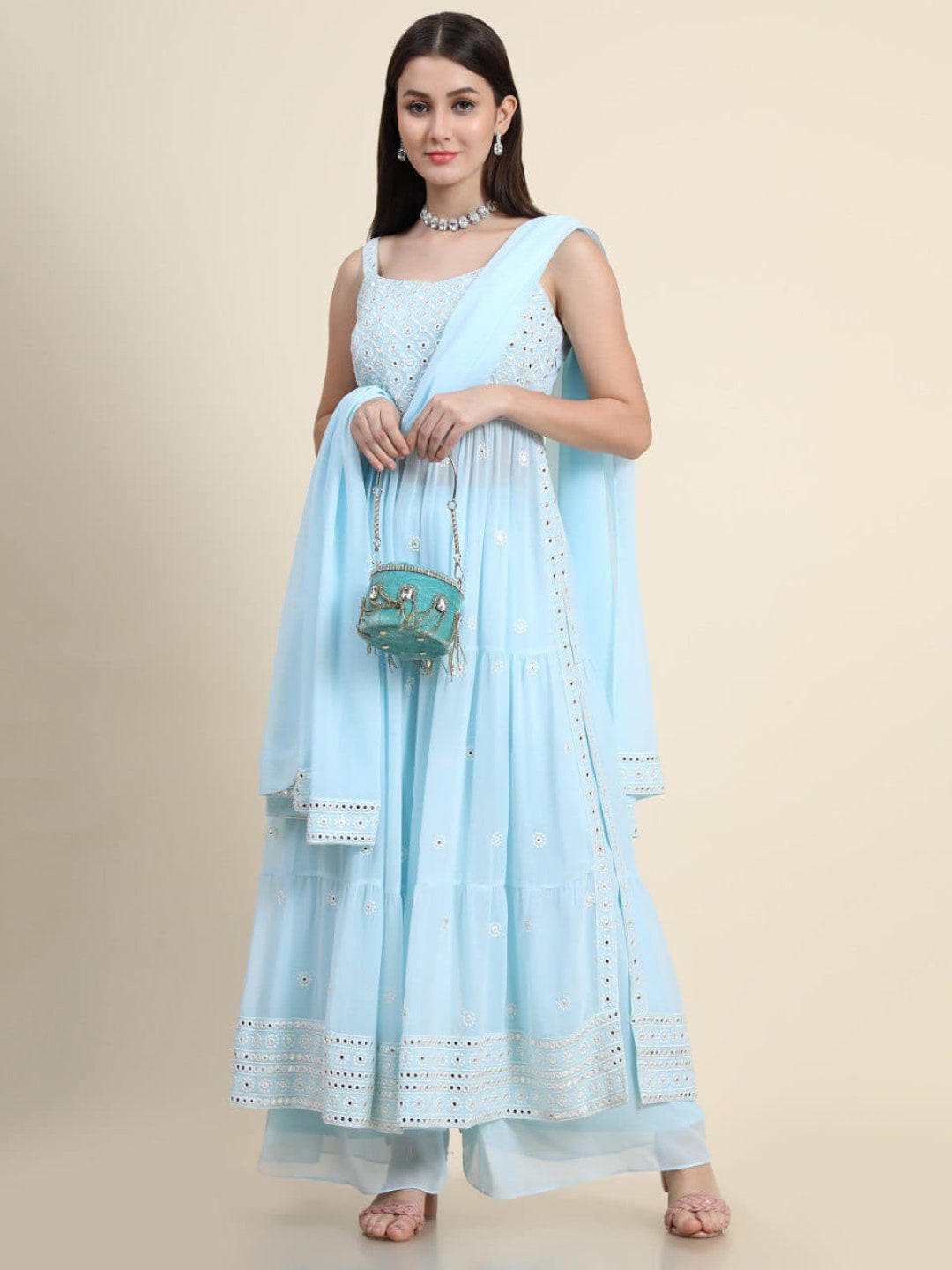 Women Indian Designer Anarkali Kurta With Jacket Long Blue Flared Gown Kurti  Set