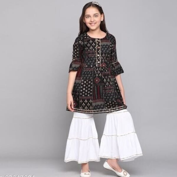 Ensemble kurta exclusif en rayonne multicolore pour filles, 2 pièces Kurta Sharara / robes fille prêtes à l'emploi pour enfants, beaux costumes pour enfants