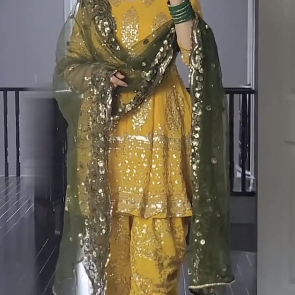 Yellow Indian Fully Gerogette Designer Beautiful Ethnic Style Kurti With Dupatta dhoti salwar Suit for Women 3 Piece Suit Women