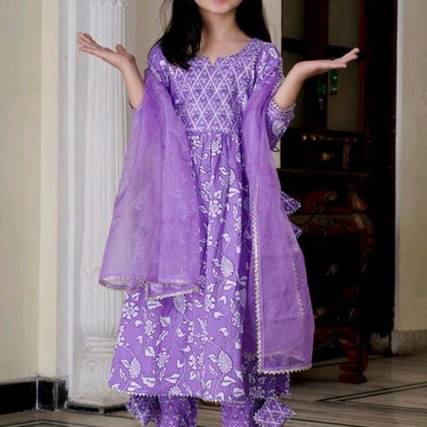 Exclusive Multicolored MIX Cotton  Naira Cut Kurta set for Girls, 3 pc Kurta Sharara set / Daughter Dresses for Kids Readymade.