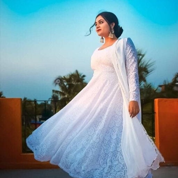 Beautiful Lucknowi Georgette Chikankari FancyAllover work Style Kurta/Kurti  with dupatta For Women,Chikankari  Kurta/Kurti Gown.2 piece ser