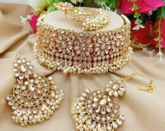 Indian Choker Necklace Earrings Maang Tikka Piece Jewelry Bridesmaid Indian Style Jewellery Bridal Wedding Fashion Handmade Set