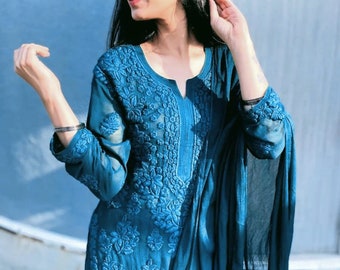 Kurta/Kurti en georgette chikankari bleu doux pour femmes, ensemble palazo chikankari pour femmes, ensemble 3 pièces pour femmes