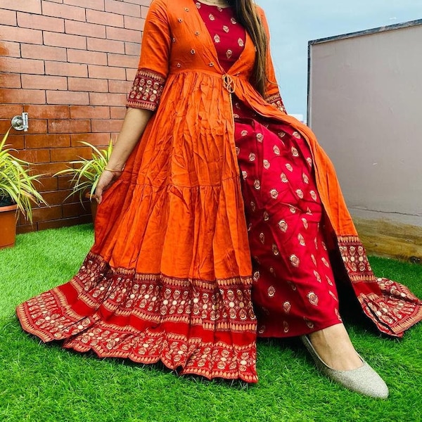 Indian Designer Beautiful  Bandhej Ethnic Style Kurti  Gown Suit for Women No pant No dupatta Only jacket And Kurta