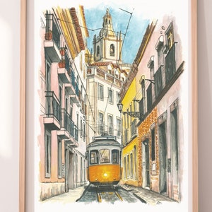 Lisbon Cityscape Watercolor | Lisbon yellow Tram | digital copy of my original watercolor painting