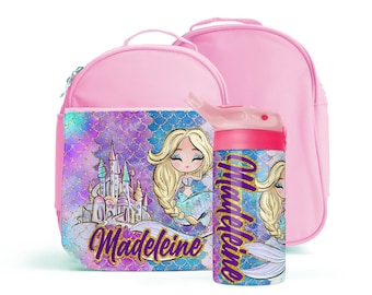 Little Mermaid 2 Lunch Bag, Water Bottle Girls Personalized, School Insulated Kids Lunch Box, Water Bottle with One-click Pop-up, Sippy Cups