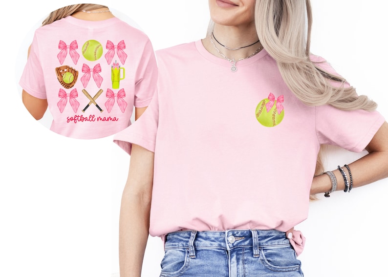 May include: Pink t-shirt with a softball and pink bows on the front and a softball, bats, bows, and the text "softball mama" on the back.