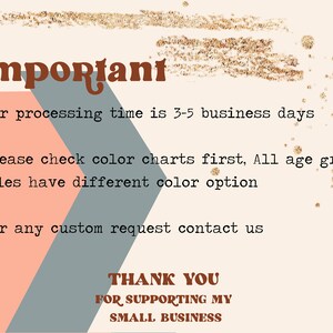 May include: Important information about processing time, colour charts, and custom requests. The text reads: "Our processing time is 3-5 business days. Please check colour charts first, All age groups, styles have different colour option. For any custom request contact us. Thank you for supporting my small business."