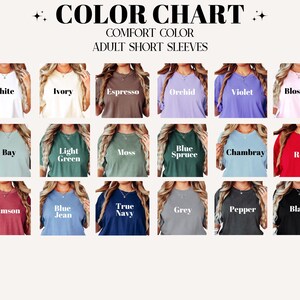May include: Color chart showing 18 different colors of short-sleeved shirts. The colors are: White, Ivory, Espresso, Orchid, Violet, Blossom, Bay, Light Green, Moss, Blue Spruce, Chambray, Red, Crimson, Blue Jean, True Navy, Grey, Pepper, Black.