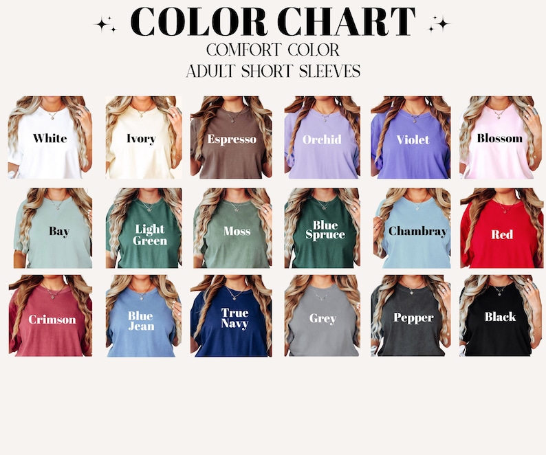 May include: Color chart showing 18 different colors of short-sleeved shirts. The colors are: White, Ivory, Espresso, Orchid, Violet, Blossom, Bay, Light Green, Moss, Blue Spruce, Chambray, Red, Crimson, Blue Jean, True Navy, Grey, Pepper, Black.