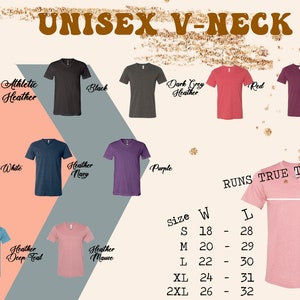 May include: Unisex V-neck t-shirt size chart with measurements in inches. The chart shows the width and length measurements for sizes S, M, L, XL, and 2XL. The chart also shows the different colours available for the t-shirt, including athletic heather, black, dark grey heather, red, maroon, white, heather navy, purple, heather deep teal, and heather mauve.