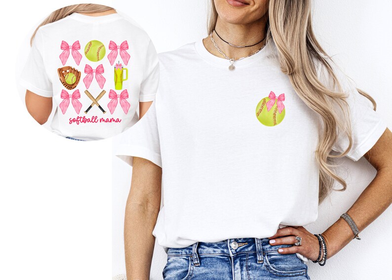 May include: White t-shirt with a pink softball and bow design. The back of the shirt has a pink bow, softball, and crossed bats design with the text "softball mama".