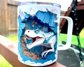 Stainless Steel Coffee Tumblers With Handle and Lid,  Camping Cup for Hot & Cold Drinks Tea, 3D dinosaur efect.