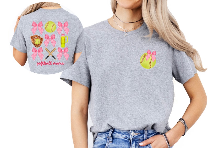May include: Gray t-shirt with a softball and pink bows on the front and the text "softball mama" on the back.