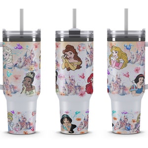May include: Three stainless steel tumblers with a white background and a colorful pattern of Disney princesses, castles, and balloons. Each tumbler has a lid, a straw, and a handle.