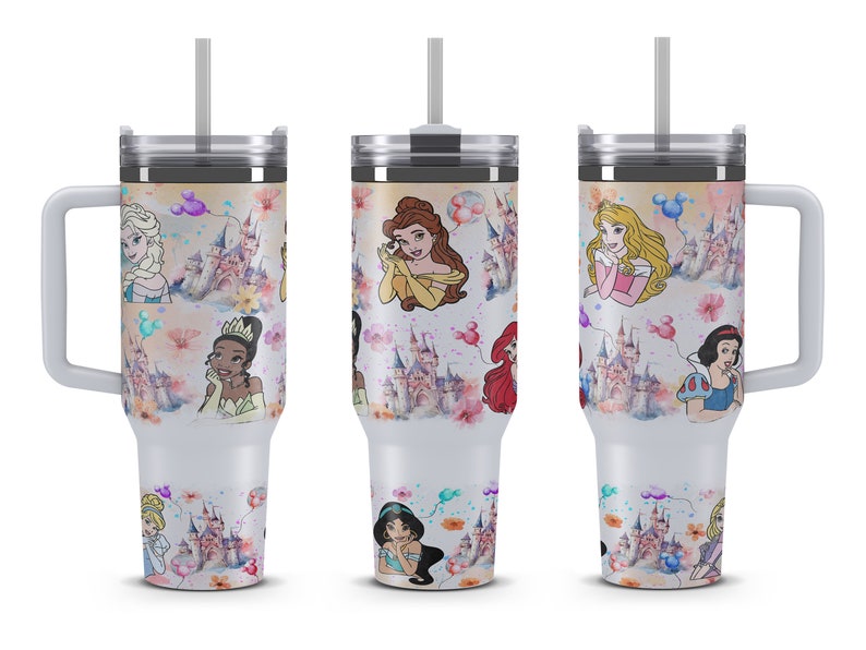 May include: Three stainless steel tumblers with a white background and a colorful pattern of Disney princesses, castles, and balloons. Each tumbler has a lid, a straw, and a handle.