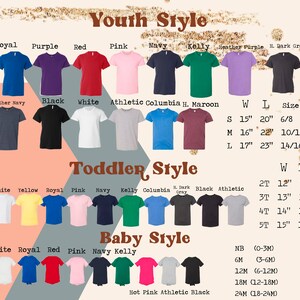May include: A chart displaying various youth, toddler, and baby t-shirt styles and sizes. The chart features a range of colours, including royal blue, purple, red, pink, navy, kelly green, heather navy, black, white, athletic grey, Columbia blue, maroon, yellow, and hot pink. The chart also provides size information for each style, including S, M, L, 2T, 3T, 4T, 5T, NB, 6M, 12M, 18M, and 24M.