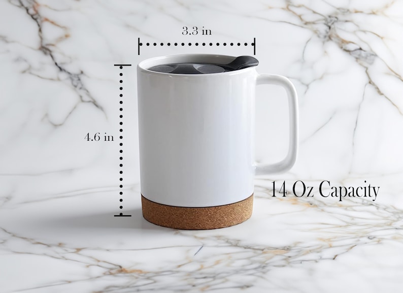 May include: White ceramic mug with a cork base and a black lid. The mug has a 14 oz capacity and measures 4.6 inches tall and 3.3 inches wide.