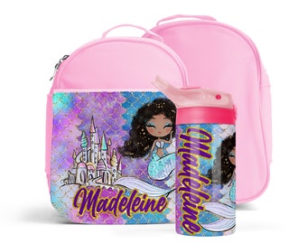 Little Mermaid 3 Lunch Bag, Water Bottle Girls Personalized, School Insulated Kids Lunch Box, Water Bottle with One-click Pop-up, Sippy Cups