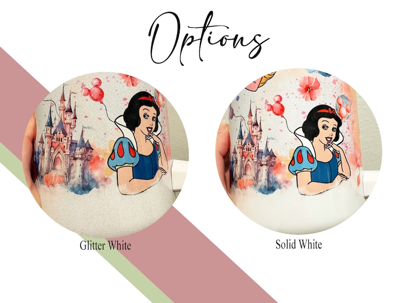 May include: Two white mugs with a watercolor design of Snow White and the castle from Disney's Snow White and the Seven Dwarfs. The mug on the left is glitter white and the mug on the right is solid white.