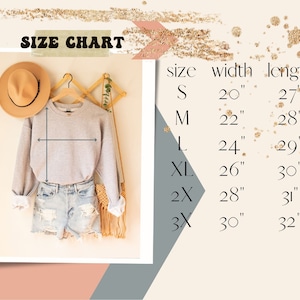 May include: Size chart for a grey sweatshirt with measurements in inches. Sizes include S, M, L, XL, 2X, and 3X. The chart shows the width and length of each size.