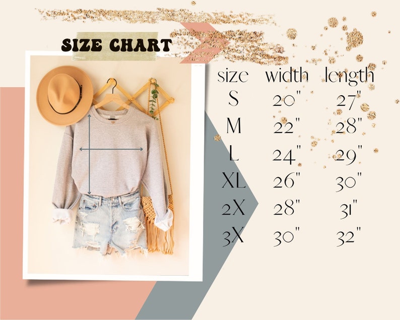 May include: Size chart for a grey sweatshirt with measurements in inches. Sizes include S, M, L, XL, 2X, and 3X. The chart shows the width and length of each size.