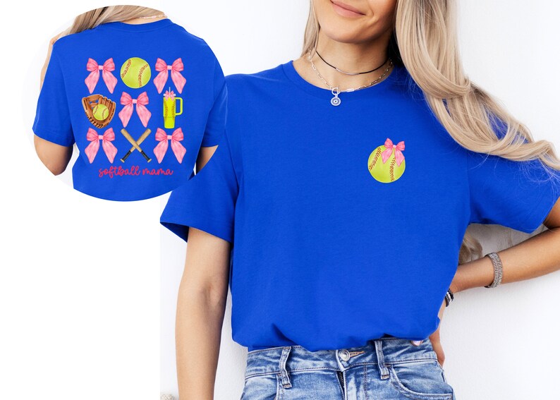 May include: A royal blue t-shirt with a softball and pink bows on the front. The back of the shirt has a softball, pink bows, crossed bats, and the text "softball mama".