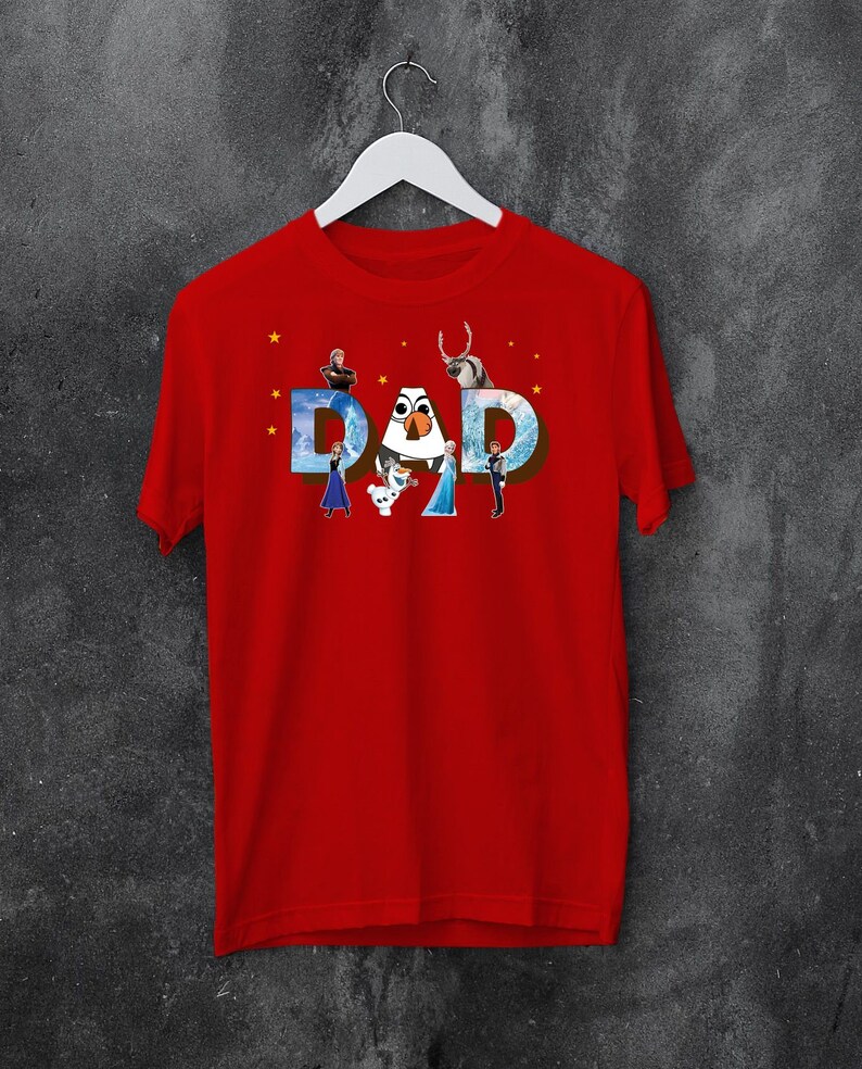 May include: Red t-shirt featuring a graphic of the characters from the film Frozen spelling out the word "DAD" with stars in the background.