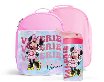 Bolsa de almuerzo y botella de agua personalizadas de Minnie Mouse, juego escolar con aislamiento