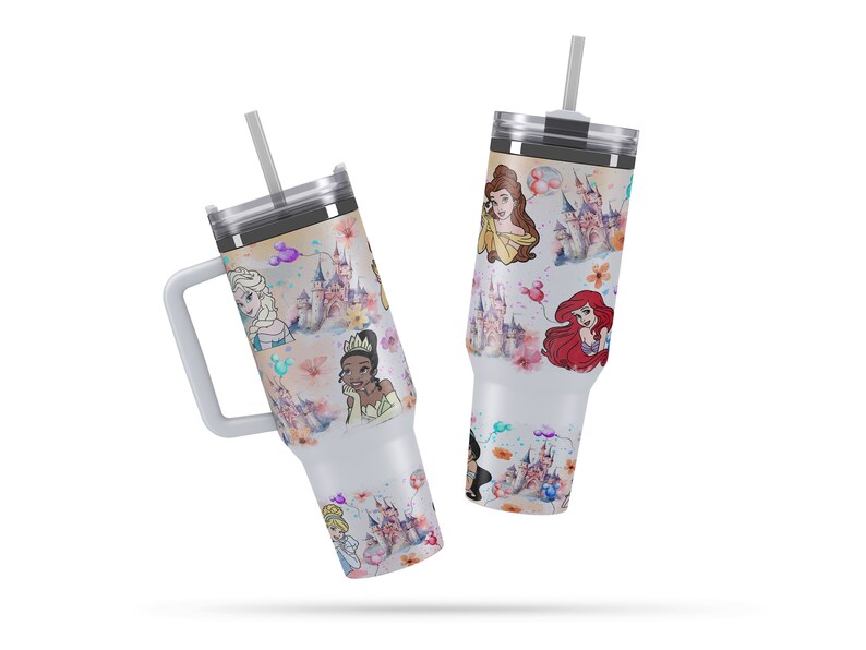 May include: Two stainless steel tumblers with lids and straws. The tumblers are white with a colorful design featuring Disney princesses, castles, and balloons.