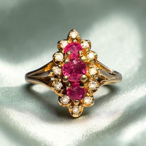 VINTAGE- 10K Gold- Natural Burmese Ruby & Halo Diamond Ring- Size 6.5- Dainty Navette Ring Earth Mined Gemstones -Romantic Anniversary Gift
