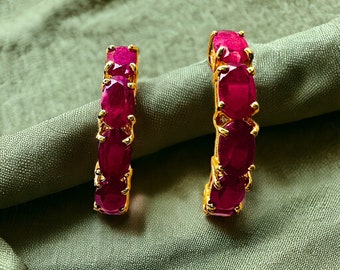 14k Gold Natural Ruby Earrings 3CT Genuine Earth Mined Rubies Half Hoop JHook Hoop Earrings 585 Gold Anniversary Gift For Wife Fast Shipping