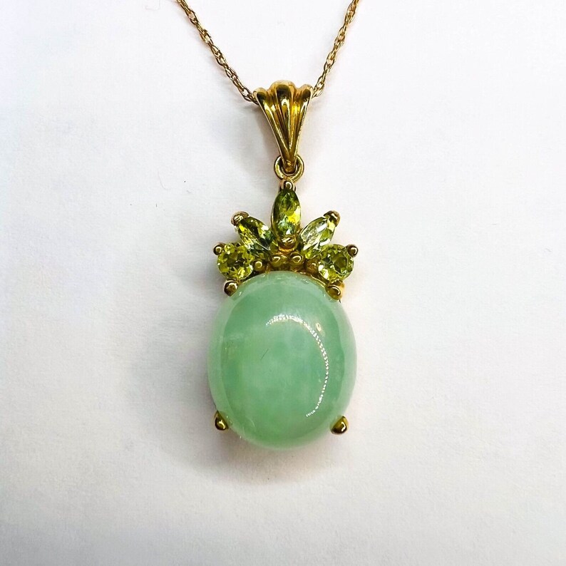 10k Gold Jade & Peridot Necklace 18 Oval Cabochon Natural Jadeite Jade ...