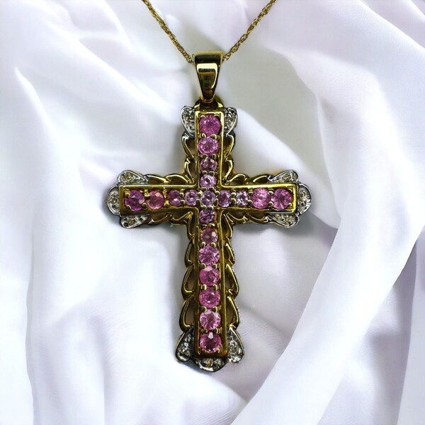 10k Yellow Gold Pink Sapphire & Diamond Cross Necklace 19" LARGE 1.26CTTW Genuine Natural pink Sapphire Necklace 4.8g Anniversary Gift