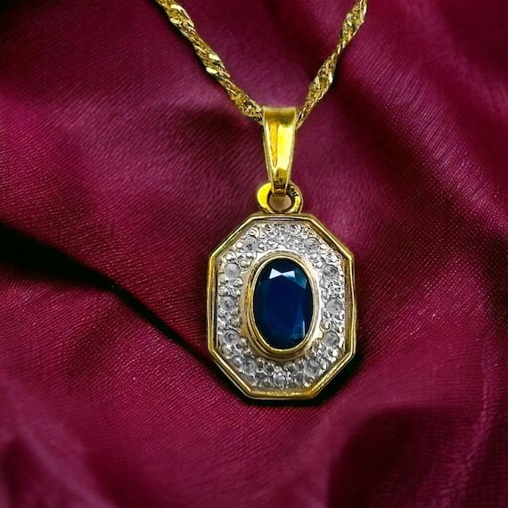 Antique 18k Gold Sapphire Diamond Necklace 16" 1/… - image 2
