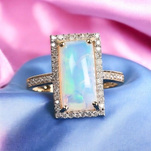 10k Gold Opal Diamond Halo Ring - Size 9 - October Birthstone