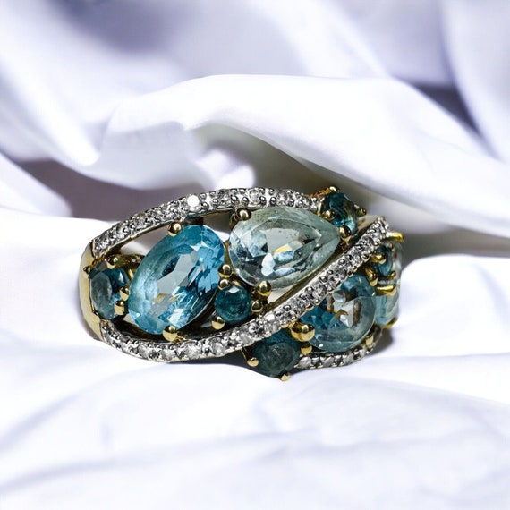 10k Gold Aquamarine Blue Topaz & Diamond Ring Sz … - image 9