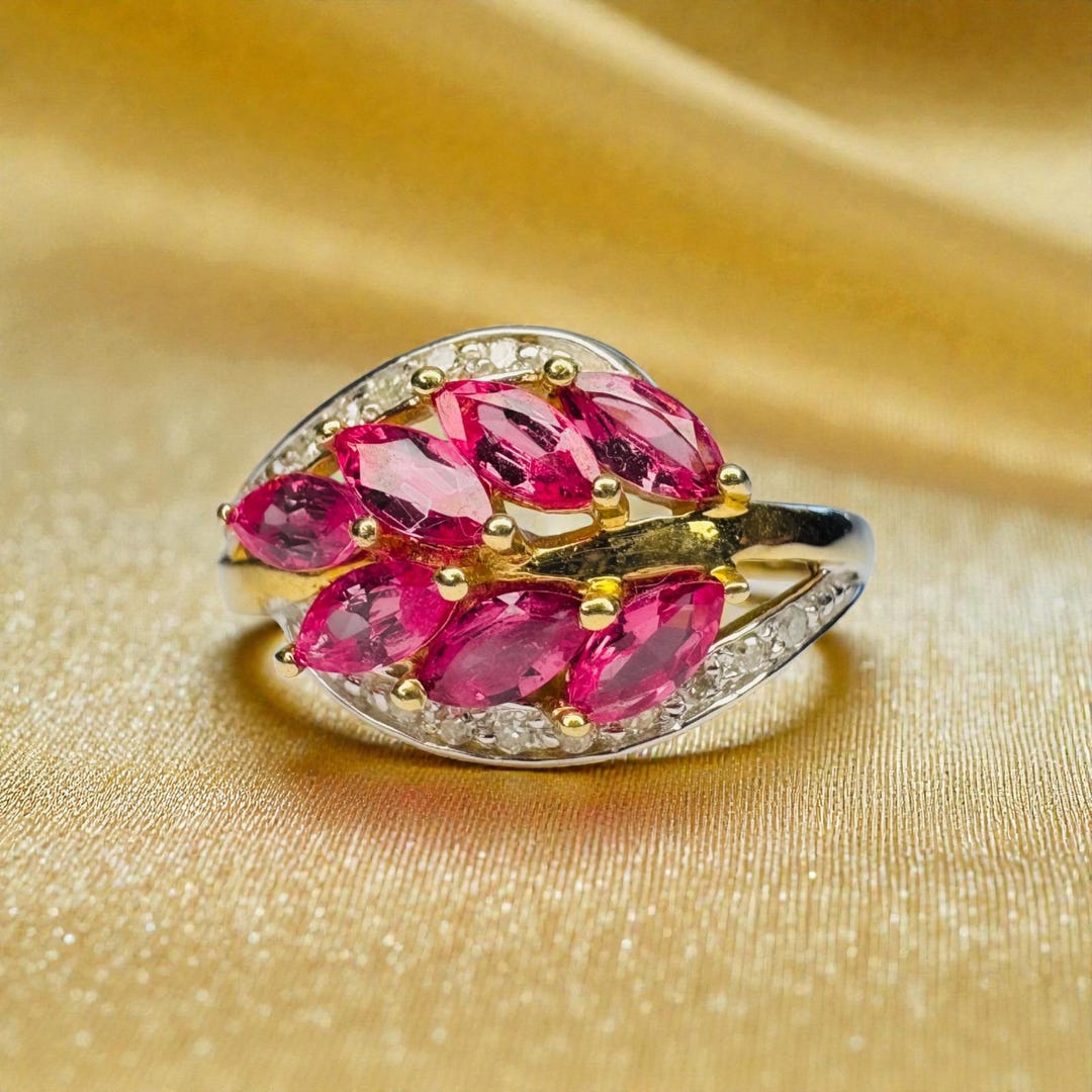 Vintage Marquise Ruby & Diamond Leaf Ring - 10K Yellow Gold Pinkish ...