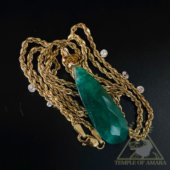 14k Gold Large Natural Emerald Necklace on Rope Chain 14k Gold Etsy