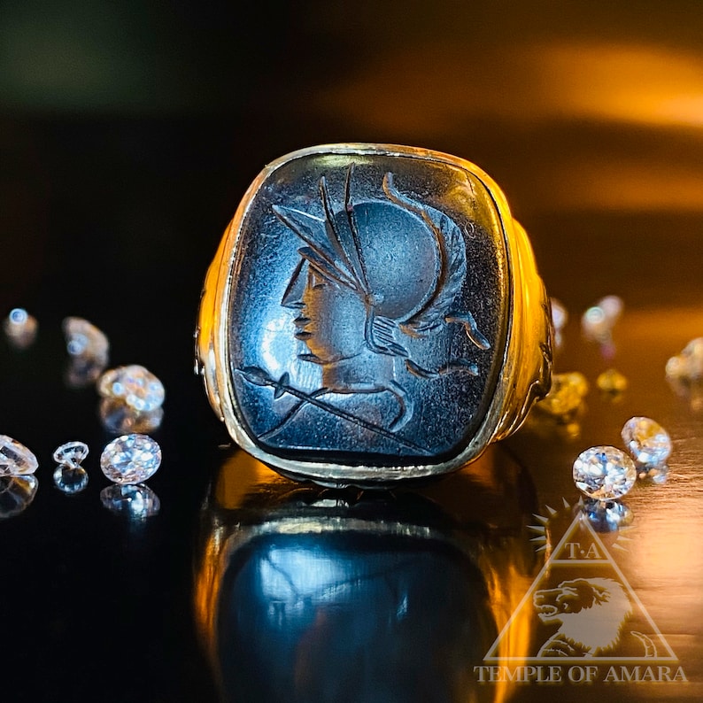 Intaglio Ring 10k Gold Hematite Ring Gold Roman Soldier Ring Ancient Design Occult Ring Handmade Hand Carved RIng Wide Mens Ring Cigar Ring