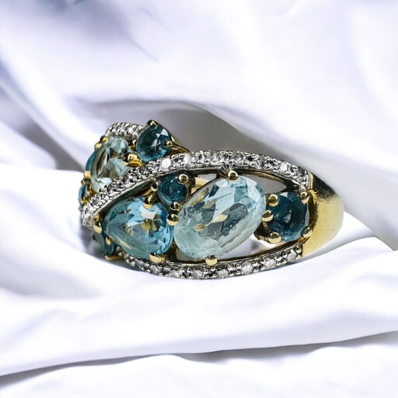 10k Gold Aquamarine Blue Topaz & Diamond Ring Sz … - image 2