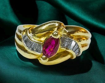Burmese Ruby Diamond Baguette Ring - Vintage 18K Yellow Gold Marquise Cut Natural Ruby Diamond Baguettes - Size 5.5 - 3.2g Fine Jewelry
