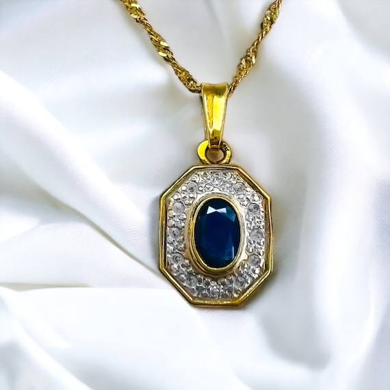 Antique 18k Gold Sapphire Diamond Necklace 16" 1/… - image 5