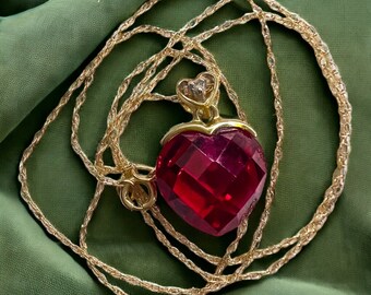 10k Yellow Gold Ruby Diamond Necklace 18" BIG 11mm Heart Briolette Red Ruby 2g Anniversary Gift For Wife