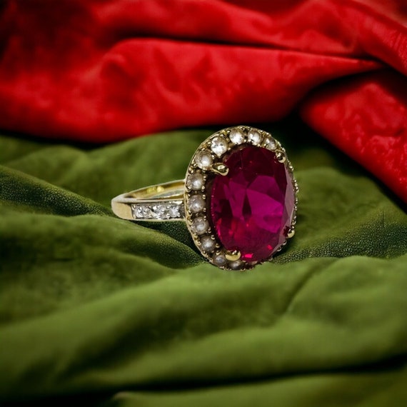 10k Gold 4.25cttw Ruby Halo Ring Size 5.25 Oval C… - image 3